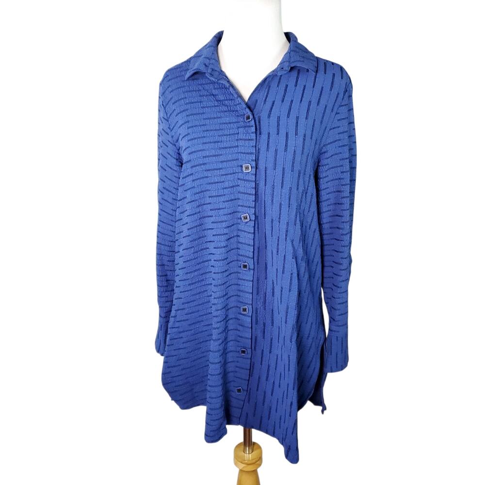 Habitat Clothes To Live In Blue Black Button Up Top Long‎ Sleeve Textured Sz S